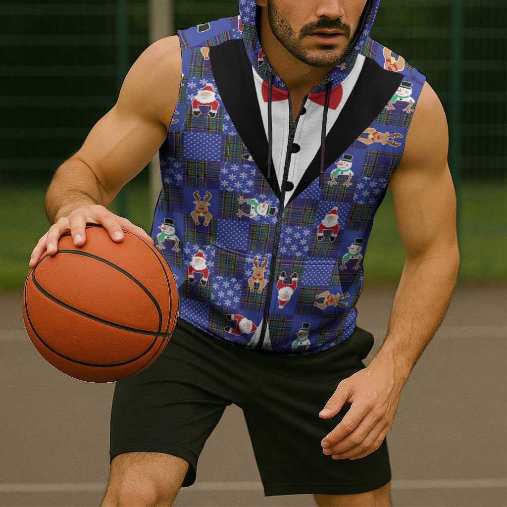 Christmas Patchwork Fake Tuxedo Sleeveless Zip Hoodie Santa and Reindeer Blue Plaid Style - Wonder Print Shop