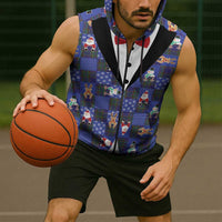 Christmas Patchwork Fake Tuxedo Sleeveless Zip Hoodie Santa and Reindeer Blue Plaid Style - Wonder Print Shop