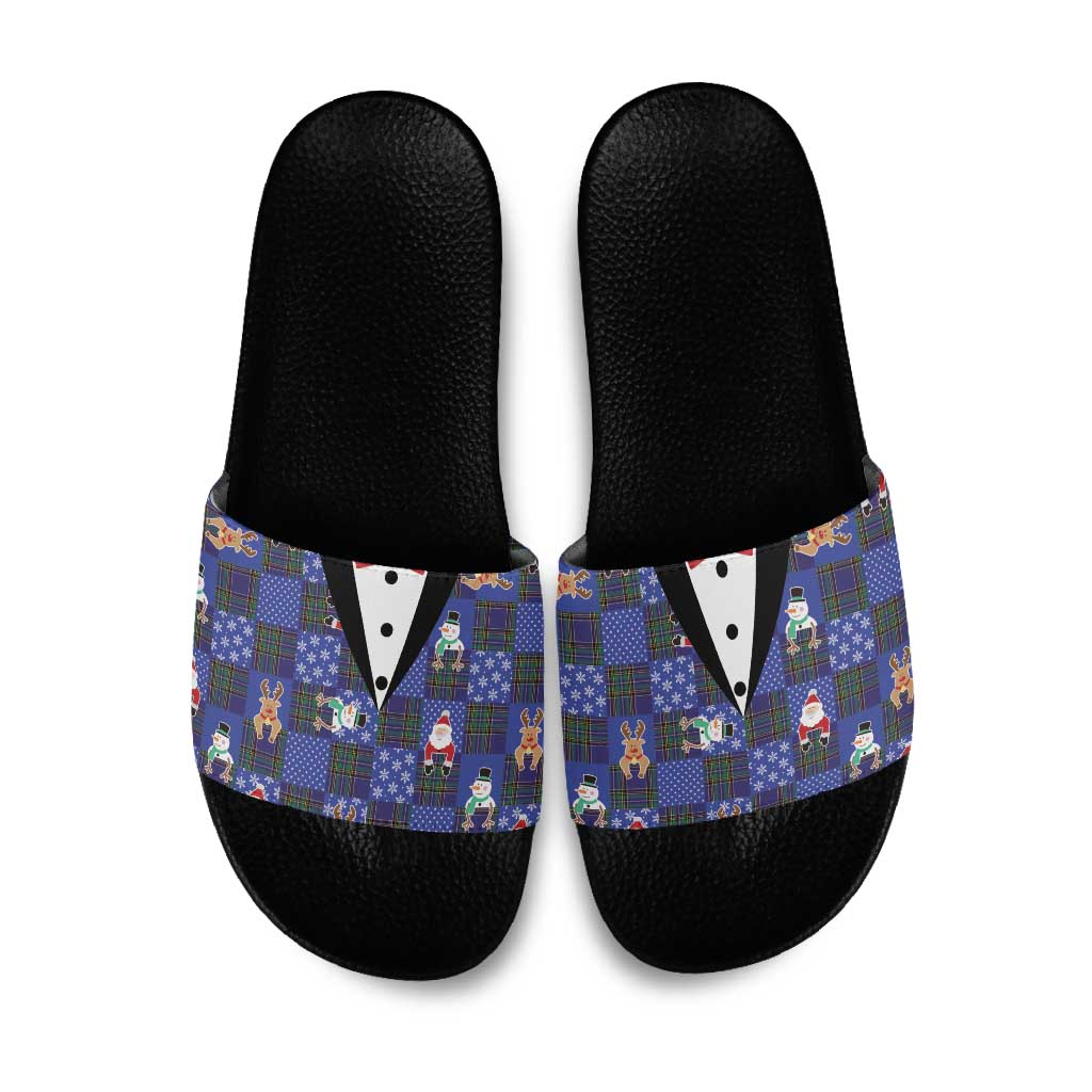 Christmas Patchwork Fake Tuxedo Slide Sandals Santa and Reindeer Blue Plaid Style - Wonder Print Shop