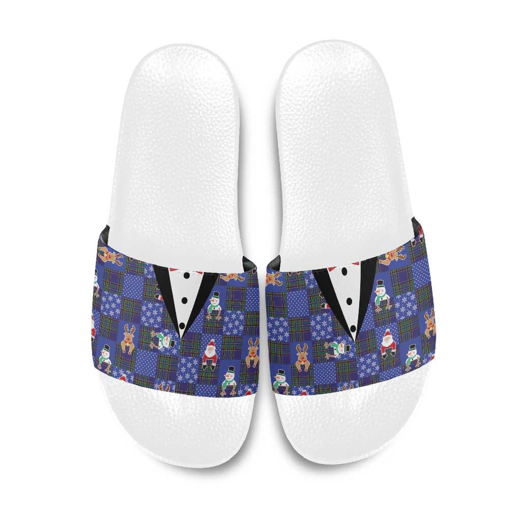 Christmas Patchwork Fake Tuxedo Slide Sandals Santa and Reindeer Blue Plaid Style - Wonder Print Shop