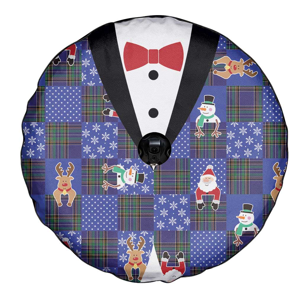 Christmas Patchwork Fake Tuxedo Spare Tire Cover Santa and Reindeer Blue Plaid Style - Wonder Print Shop