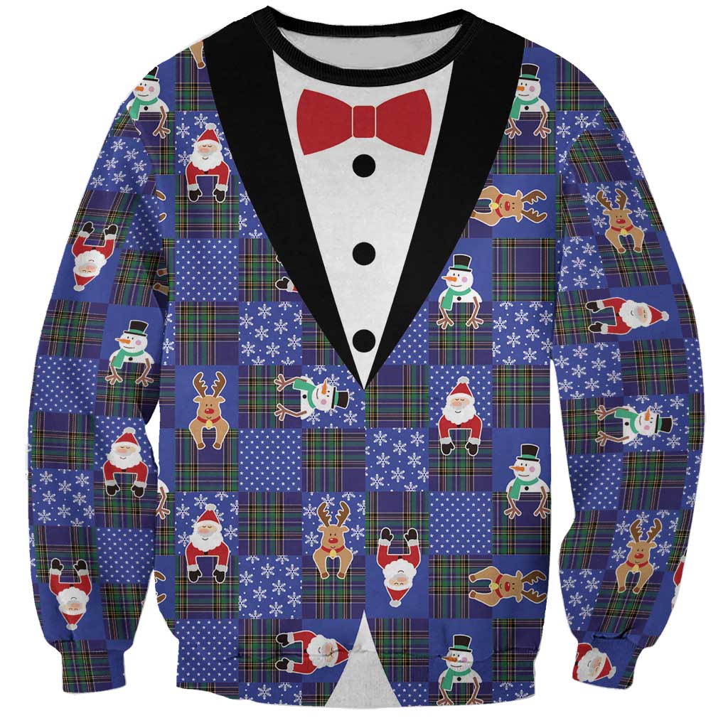 Christmas Patchwork Fake Tuxedo Sweatshirt Santa and Reindeer Blue Plaid Style - Wonder Print Shop