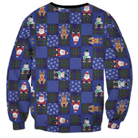 Christmas Patchwork Fake Tuxedo Sweatshirt Santa and Reindeer Blue Plaid Style - Wonder Print Shop