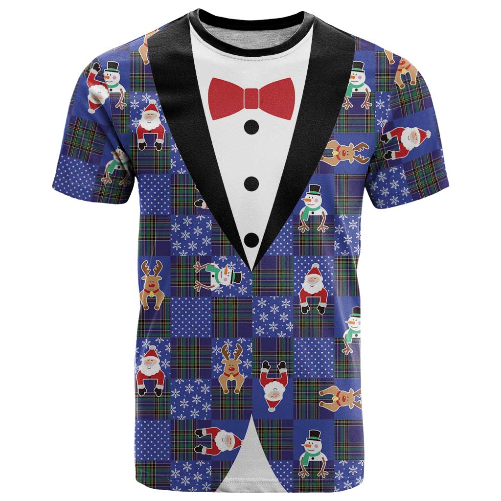 Christmas Patchwork Fake Tuxedo T Shirt Santa and Reindeer Blue Plaid Style - Wonder Print Shop