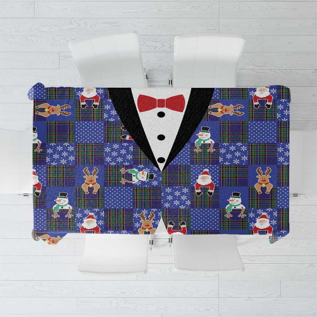 Christmas Patchwork Fake Tuxedo Tablecloth Santa and Reindeer Blue Plaid Style - Wonder Print Shop