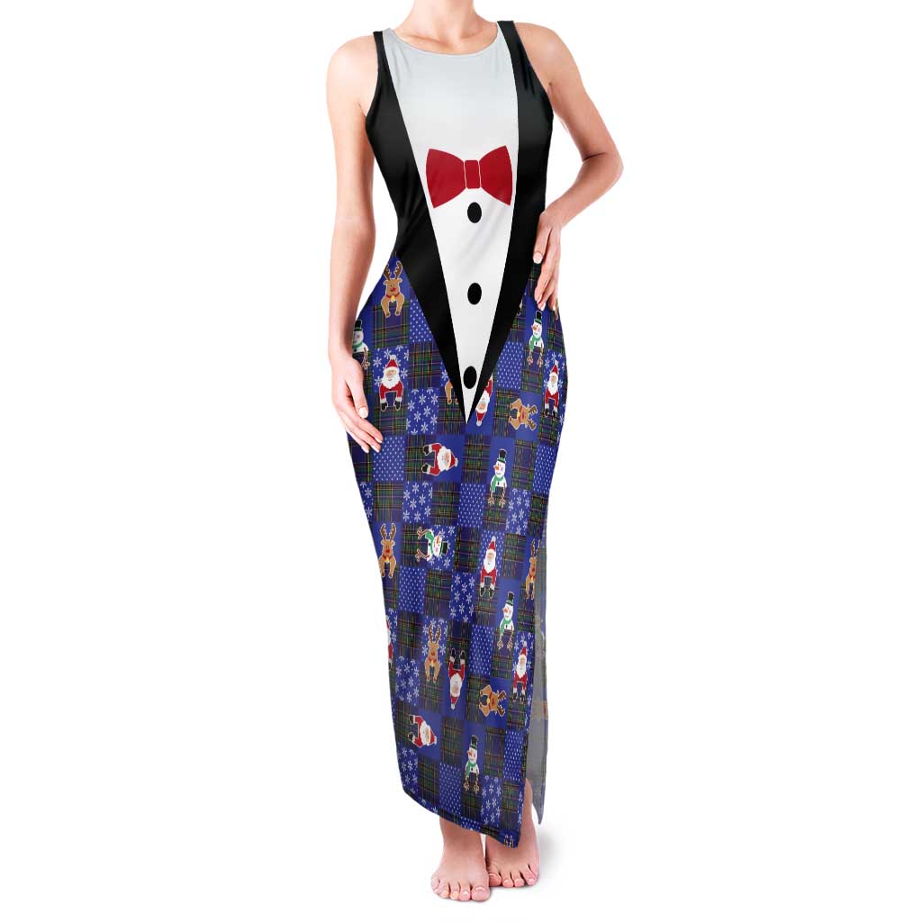 Christmas Patchwork Fake Tuxedo Tank Maxi Dress Santa and Reindeer Blue Plaid Style - Wonder Print Shop