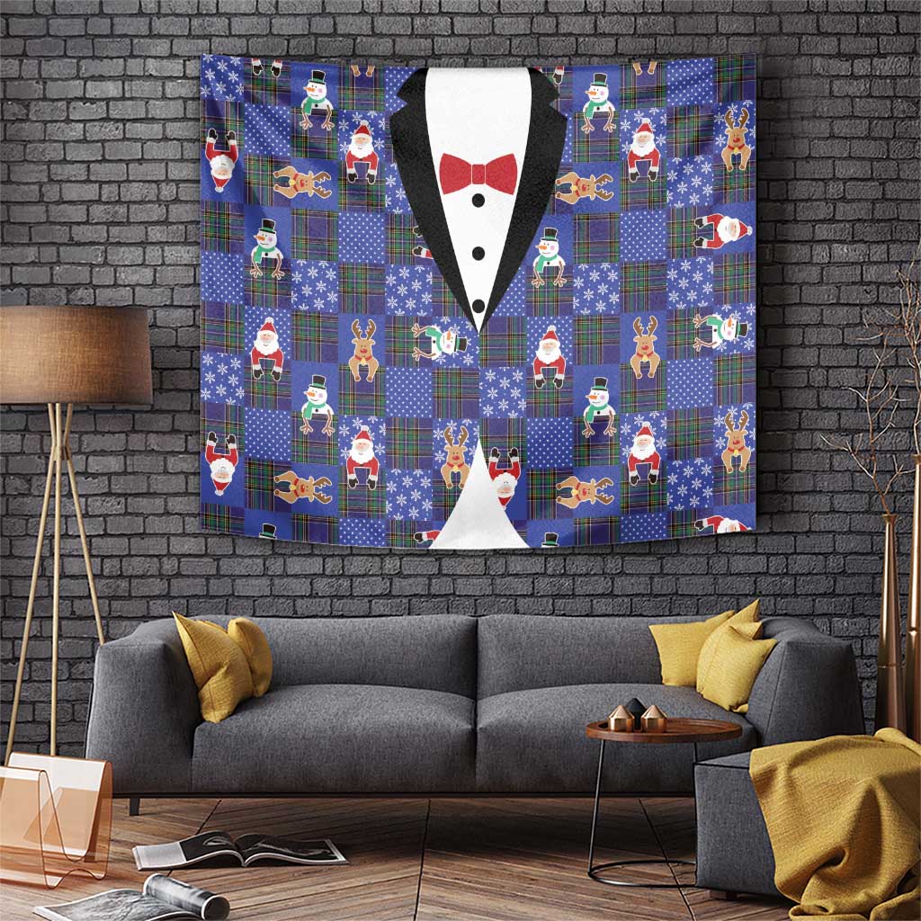 Christmas Patchwork Fake Tuxedo Tapestry Santa and Reindeer Blue Plaid Style - Wonder Print Shop
