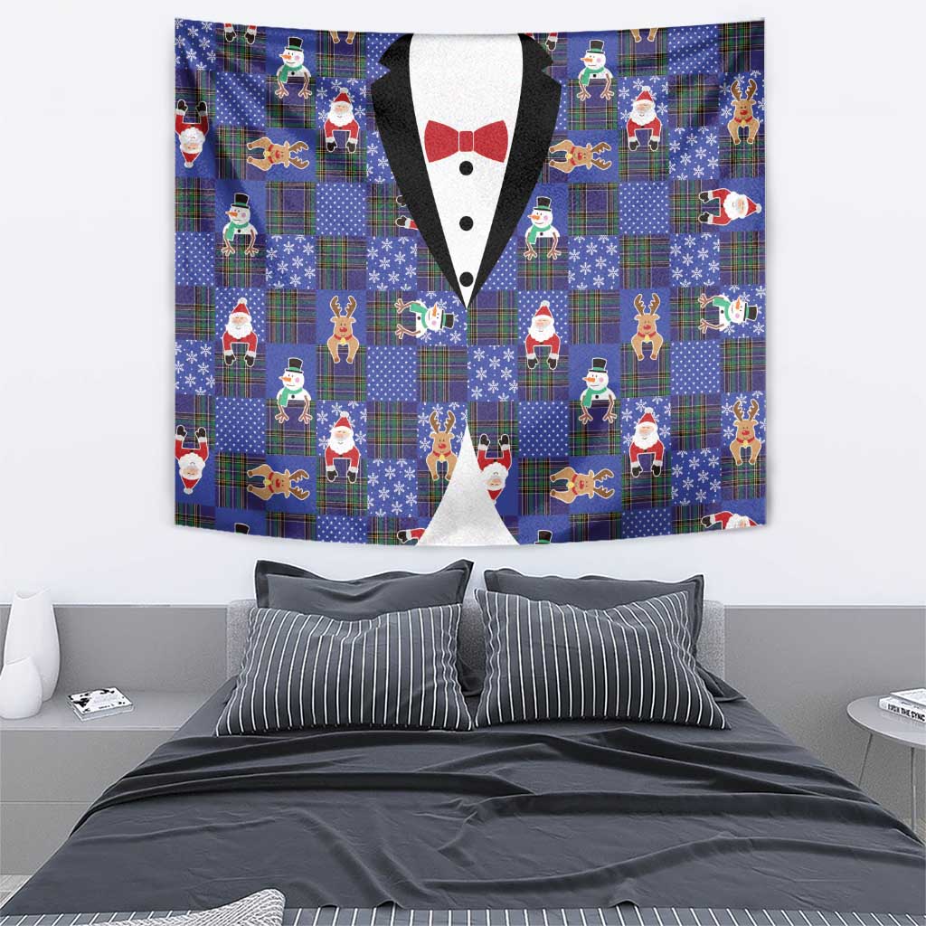 Christmas Patchwork Fake Tuxedo Tapestry Santa and Reindeer Blue Plaid Style - Wonder Print Shop