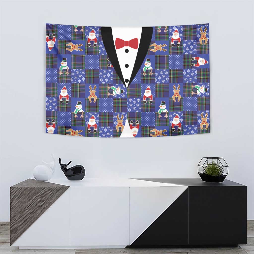 Christmas Patchwork Fake Tuxedo Tapestry Santa and Reindeer Blue Plaid Style - Wonder Print Shop