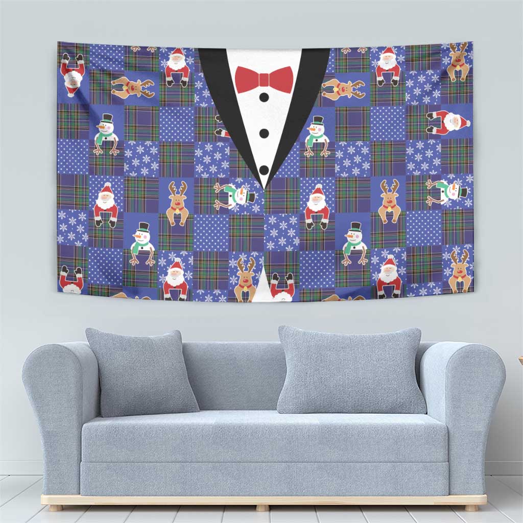 Christmas Patchwork Fake Tuxedo Tapestry Santa and Reindeer Blue Plaid Style - Wonder Print Shop