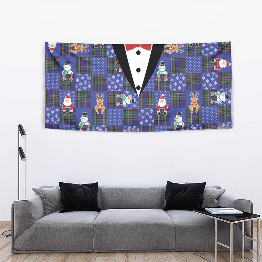 Christmas Patchwork Fake Tuxedo Tapestry Santa and Reindeer Blue Plaid Style - Wonder Print Shop