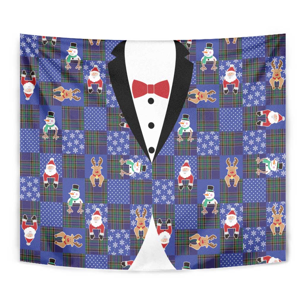 Christmas Patchwork Fake Tuxedo Tapestry Santa and Reindeer Blue Plaid Style - Wonder Print Shop