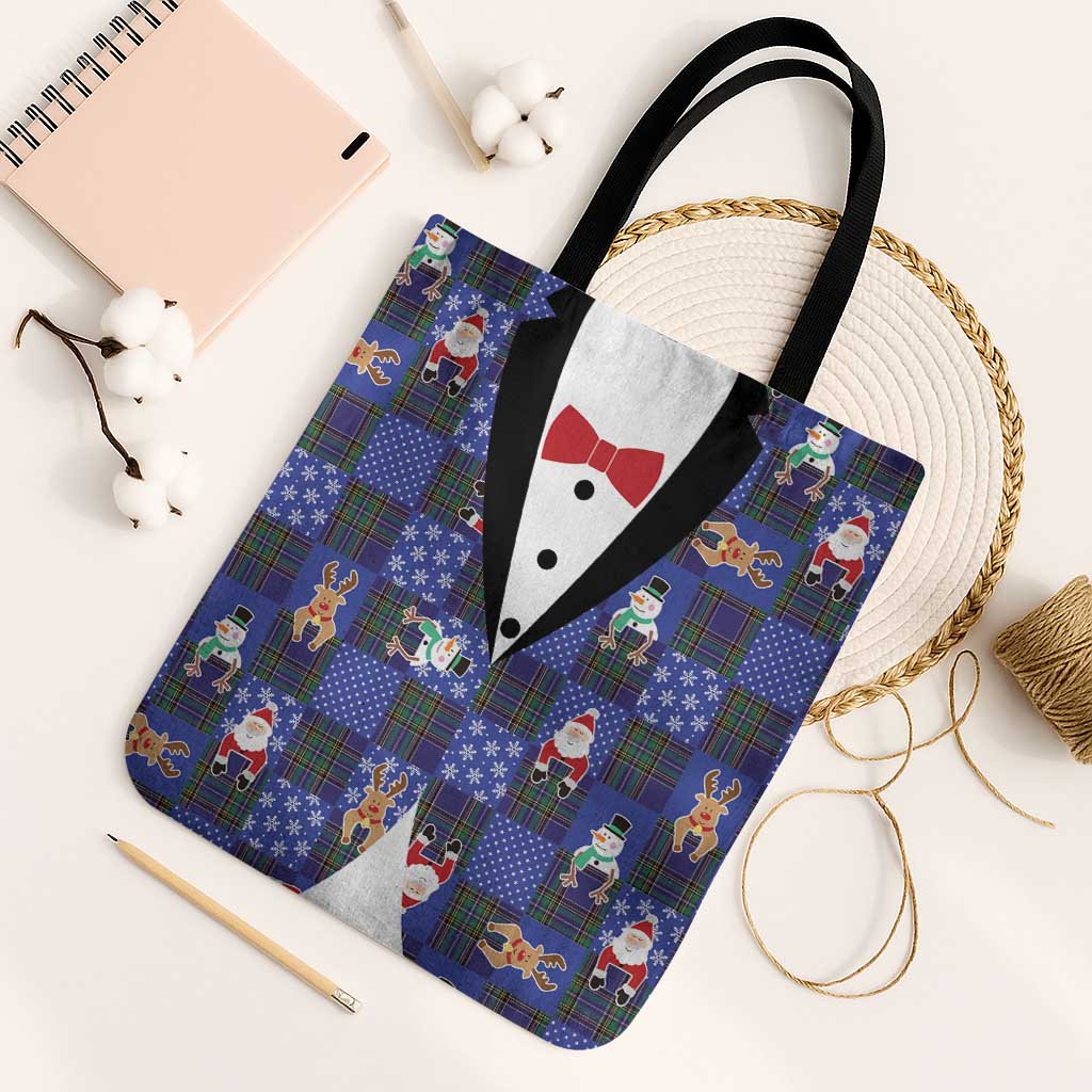 Christmas Patchwork Fake Tuxedo Tote Bag Santa and Reindeer Blue Plaid Style - Wonder Print Shop