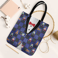 Christmas Patchwork Fake Tuxedo Tote Bag Santa and Reindeer Blue Plaid Style - Wonder Print Shop