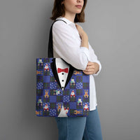 Christmas Patchwork Fake Tuxedo Tote Bag Santa and Reindeer Blue Plaid Style - Wonder Print Shop