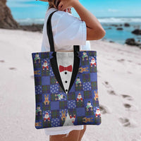 Christmas Patchwork Fake Tuxedo Tote Bag Santa and Reindeer Blue Plaid Style - Wonder Print Shop