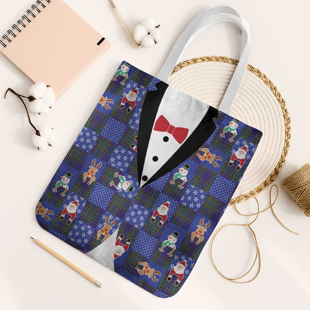 Christmas Patchwork Fake Tuxedo Tote Bag Santa and Reindeer Blue Plaid Style - Wonder Print Shop