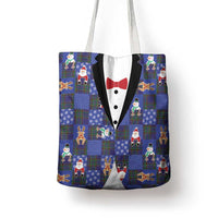 Christmas Patchwork Fake Tuxedo Tote Bag Santa and Reindeer Blue Plaid Style - Wonder Print Shop