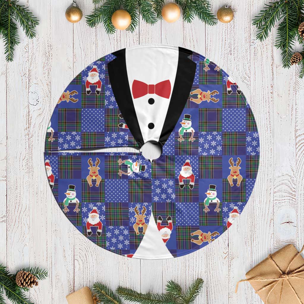 Christmas Patchwork Fake Tuxedo Tree Skirt Santa and Reindeer Blue Plaid Style - Wonder Print Shop