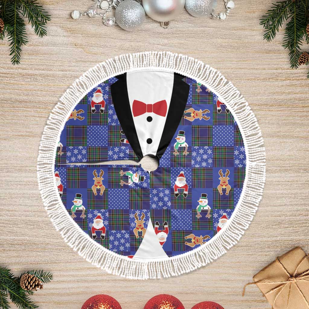 Christmas Patchwork Fake Tuxedo Tree Skirt Santa and Reindeer Blue Plaid Style - Wonder Print Shop