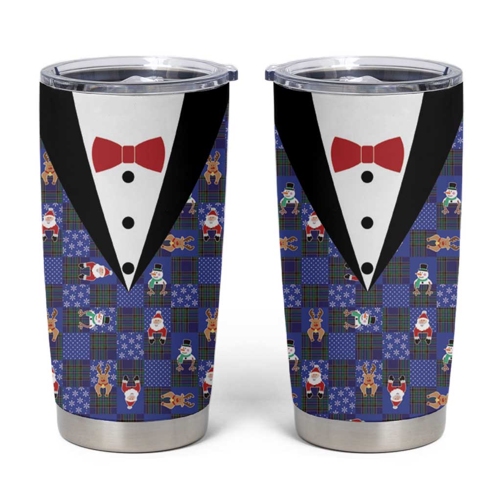Christmas Patchwork Fake Tuxedo Tumbler Cup Santa and Reindeer Blue Plaid Style - Wonder Print Shop