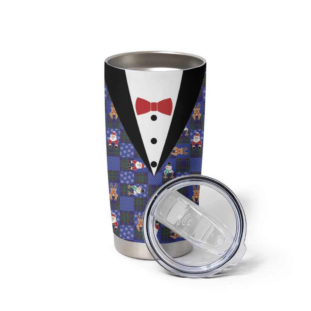 Christmas Patchwork Fake Tuxedo Tumbler Cup Santa and Reindeer Blue Plaid Style - Wonder Print Shop
