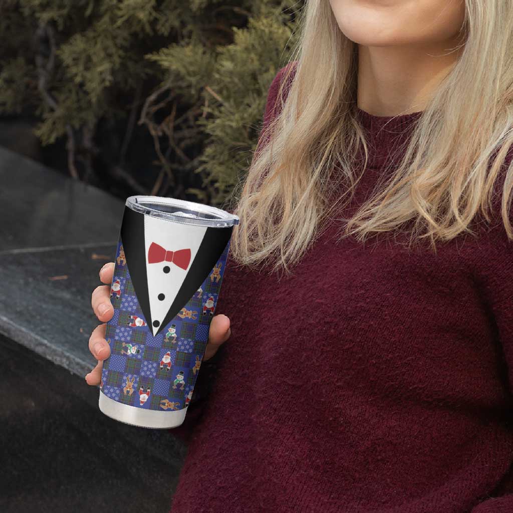 Christmas Patchwork Fake Tuxedo Tumbler Cup Santa and Reindeer Blue Plaid Style - Wonder Print Shop