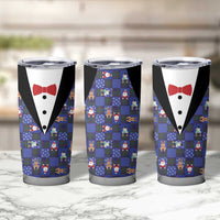 Christmas Patchwork Fake Tuxedo Tumbler Cup Santa and Reindeer Blue Plaid Style - Wonder Print Shop