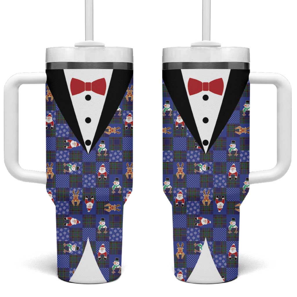 Christmas Patchwork Fake Tuxedo Tumbler With Handle Santa and Reindeer Blue Plaid Style - Wonder Print Shop