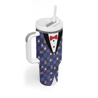 Christmas Patchwork Fake Tuxedo Tumbler With Handle Santa and Reindeer Blue Plaid Style - Wonder Print Shop