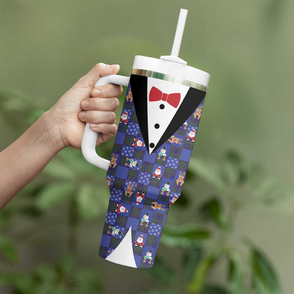 Christmas Patchwork Fake Tuxedo Tumbler With Handle Santa and Reindeer Blue Plaid Style - Wonder Print Shop
