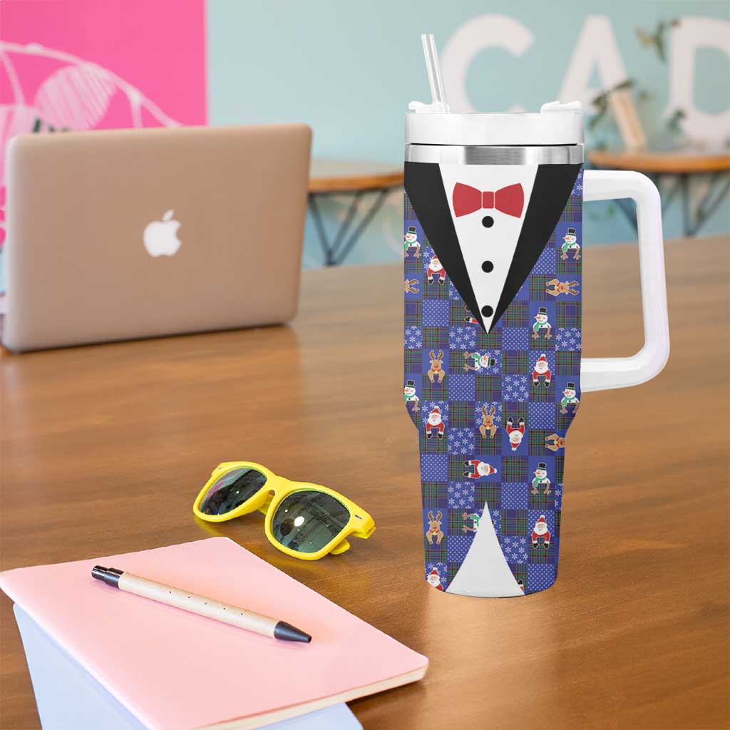 Christmas Patchwork Fake Tuxedo Tumbler With Handle Santa and Reindeer Blue Plaid Style - Wonder Print Shop