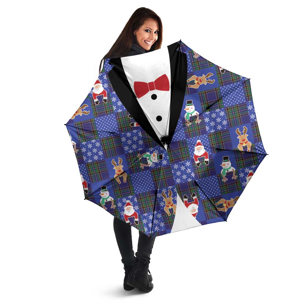 Christmas Patchwork Fake Tuxedo Umbrella Santa and Reindeer Blue Plaid Style - Wonder Print Shop