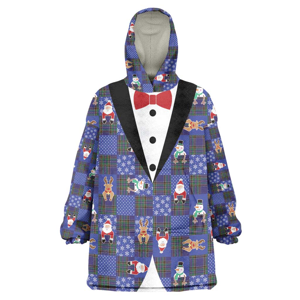 Christmas Patchwork Fake Tuxedo Wearable Blanket Hoodie Santa and Reindeer Blue Plaid Style - Wonder Print Shop