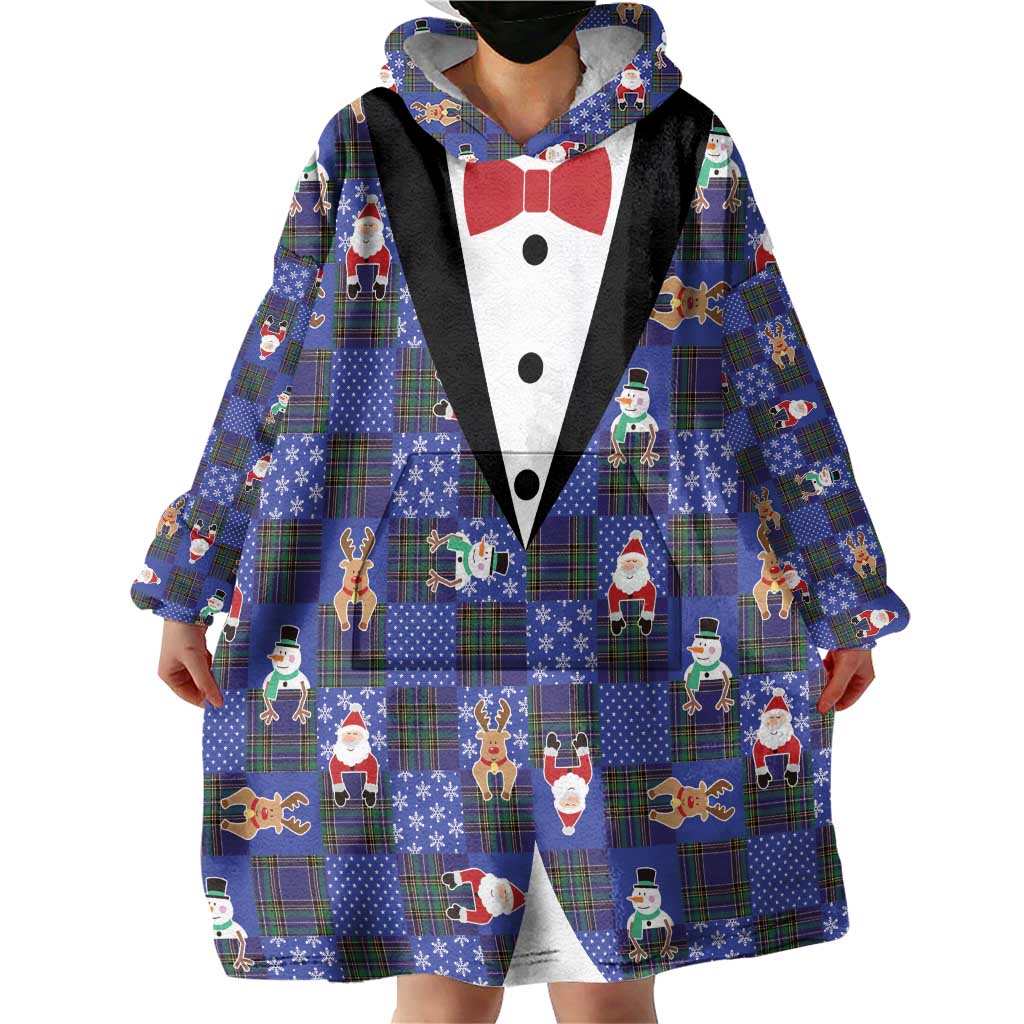 Christmas Patchwork Fake Tuxedo Wearable Blanket Hoodie Santa and Reindeer Blue Plaid Style - Wonder Print Shop