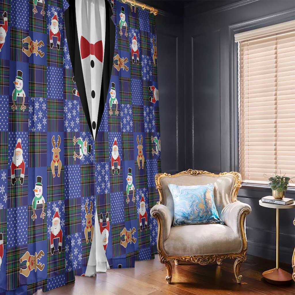 Christmas Patchwork Fake Tuxedo Window Curtain Santa and Reindeer Blue Plaid Style - Wonder Print Shop