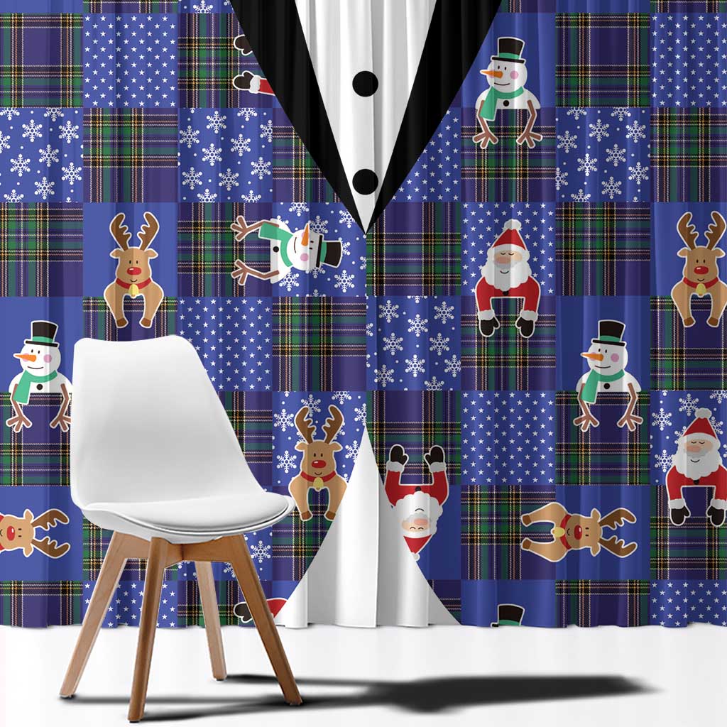 Christmas Patchwork Fake Tuxedo Window Curtain Santa and Reindeer Blue Plaid Style - Wonder Print Shop