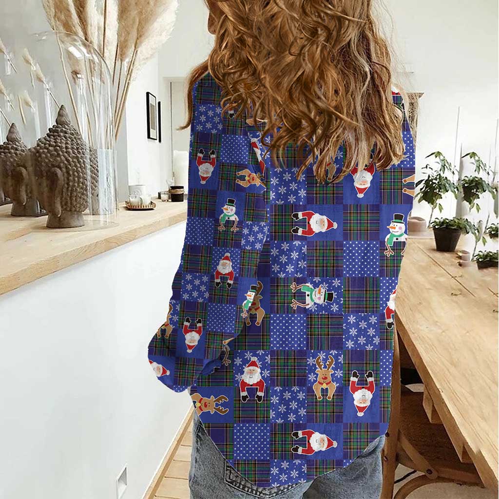 Christmas Patchwork Fake Tuxedo Women Casual Shirt Santa and Reindeer Blue Plaid Style - Wonder Print Shop