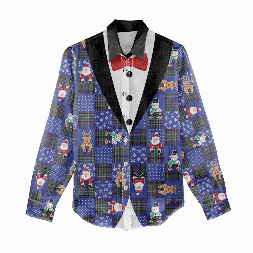 Christmas Patchwork Fake Tuxedo Women Casual Shirt Santa and Reindeer Blue Plaid Style - Wonder Print Shop