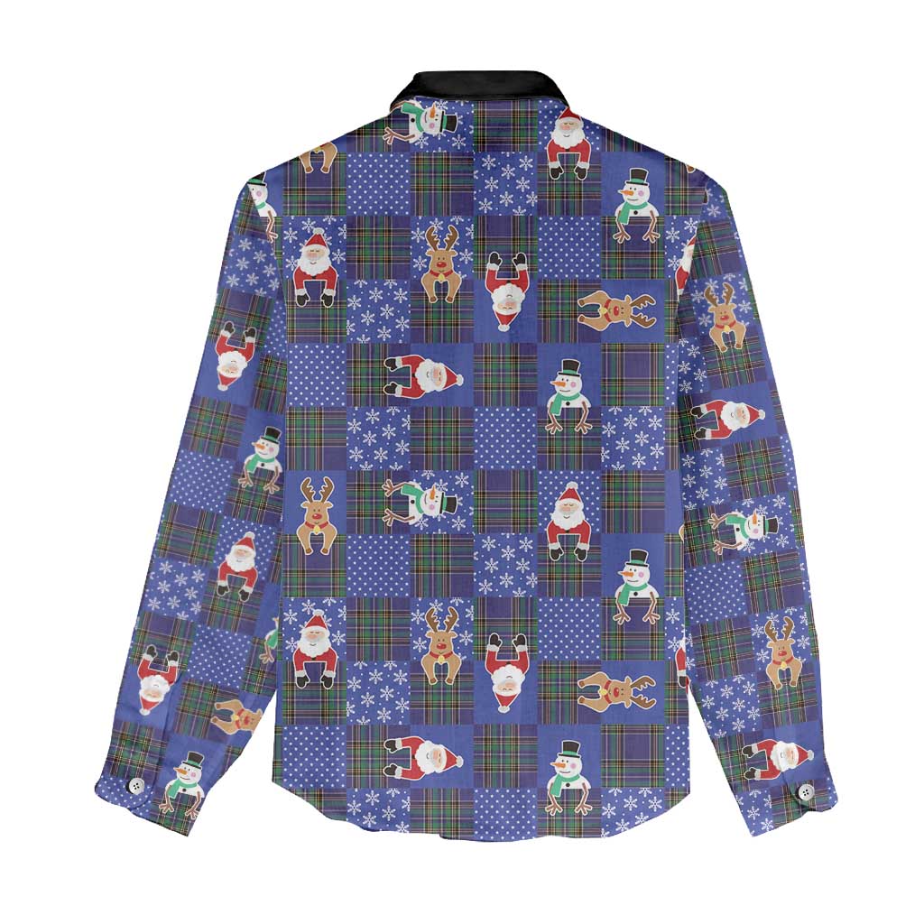 Christmas Patchwork Fake Tuxedo Women Casual Shirt Santa and Reindeer Blue Plaid Style - Wonder Print Shop