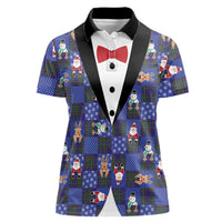 Christmas Patchwork Fake Tuxedo Women Polo Shirt Santa and Reindeer Blue Plaid Style - Wonder Print Shop