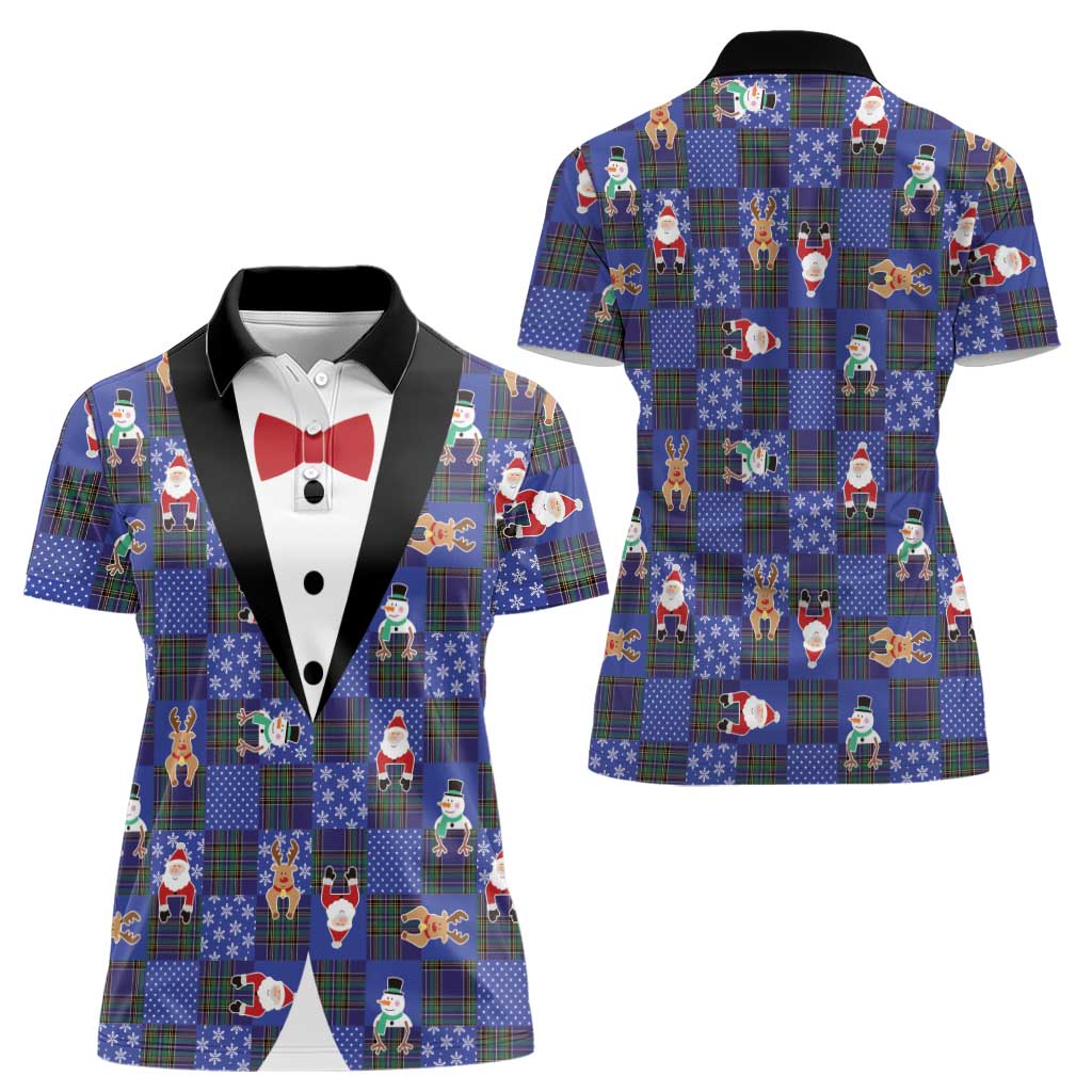Christmas Patchwork Fake Tuxedo Women Polo Shirt Santa and Reindeer Blue Plaid Style - Wonder Print Shop