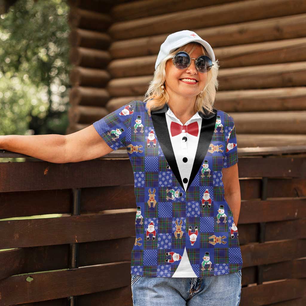 Christmas Patchwork Fake Tuxedo Women Polo Shirt Santa and Reindeer Blue Plaid Style - Wonder Print Shop