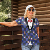 Christmas Patchwork Fake Tuxedo Women Polo Shirt Santa and Reindeer Blue Plaid Style - Wonder Print Shop