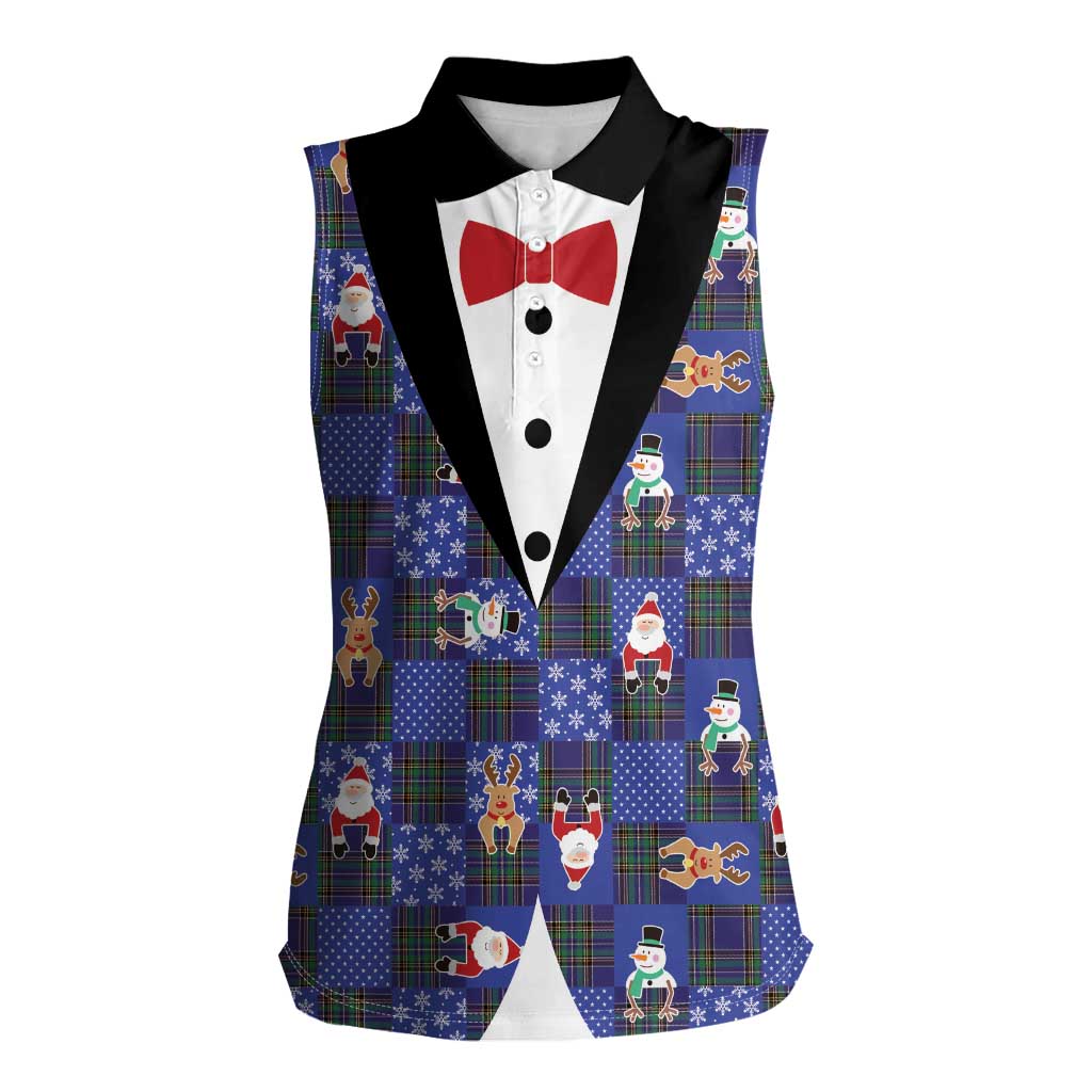 Christmas Patchwork Fake Tuxedo Women Sleeveless Polo Shirt Santa and Reindeer Blue Plaid Style - Wonder Print Shop