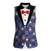 Christmas Patchwork Fake Tuxedo Women Sleeveless Polo Shirt Santa and Reindeer Blue Plaid Style - Wonder Print Shop