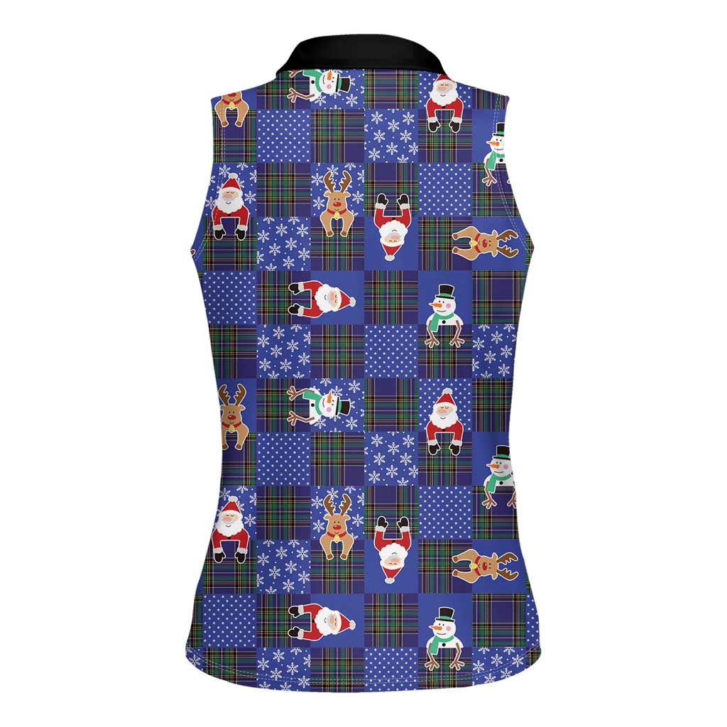Christmas Patchwork Fake Tuxedo Women Sleeveless Polo Shirt Santa and Reindeer Blue Plaid Style - Wonder Print Shop
