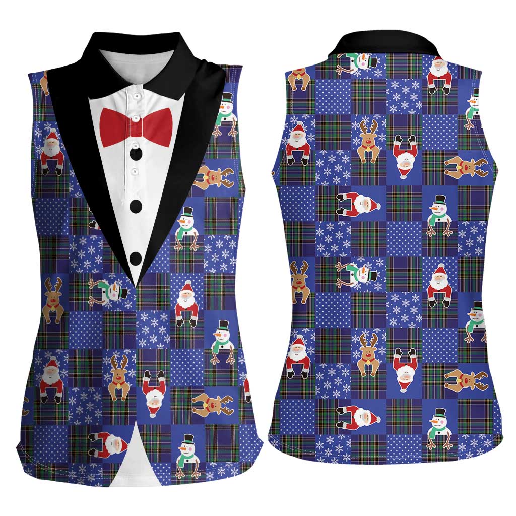 Christmas Patchwork Fake Tuxedo Women Sleeveless Polo Shirt Santa and Reindeer Blue Plaid Style - Wonder Print Shop
