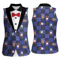 Christmas Patchwork Fake Tuxedo Women Sleeveless Polo Shirt Santa and Reindeer Blue Plaid Style - Wonder Print Shop