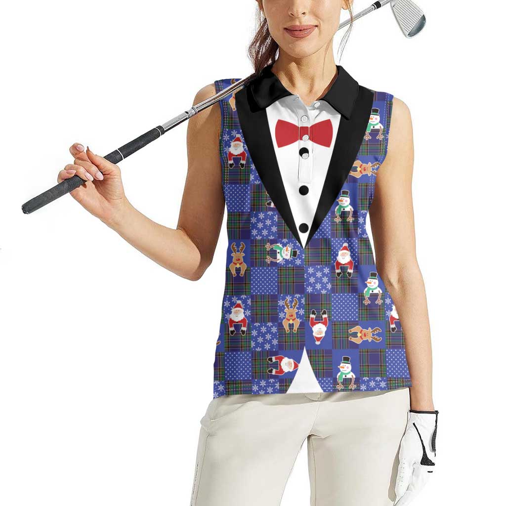 Christmas Patchwork Fake Tuxedo Women Sleeveless Polo Shirt Santa and Reindeer Blue Plaid Style - Wonder Print Shop